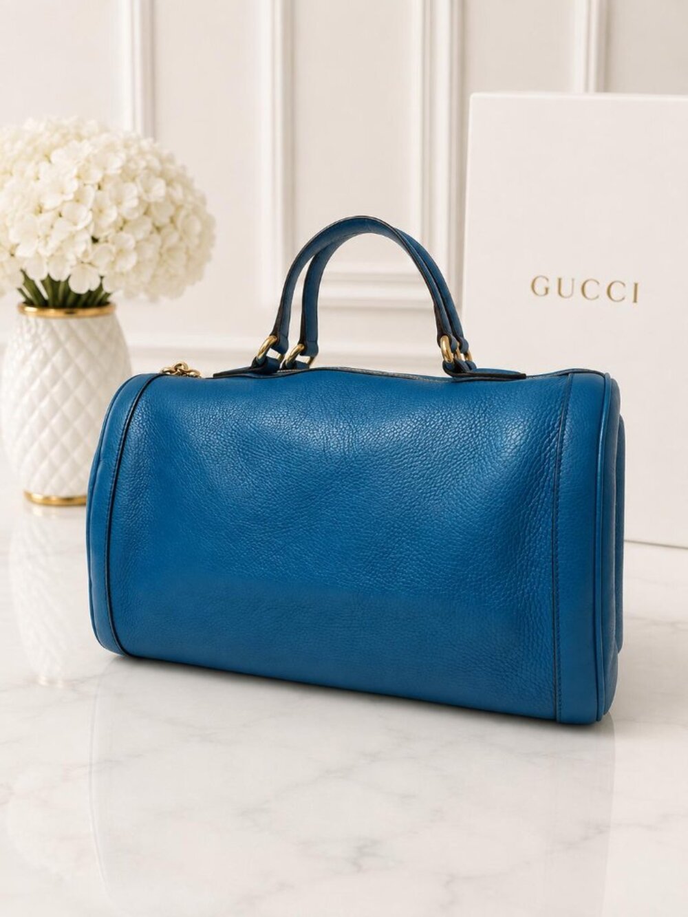 Authentic Gucci Bright Diamante Blue Leather Boston Satchel Bag